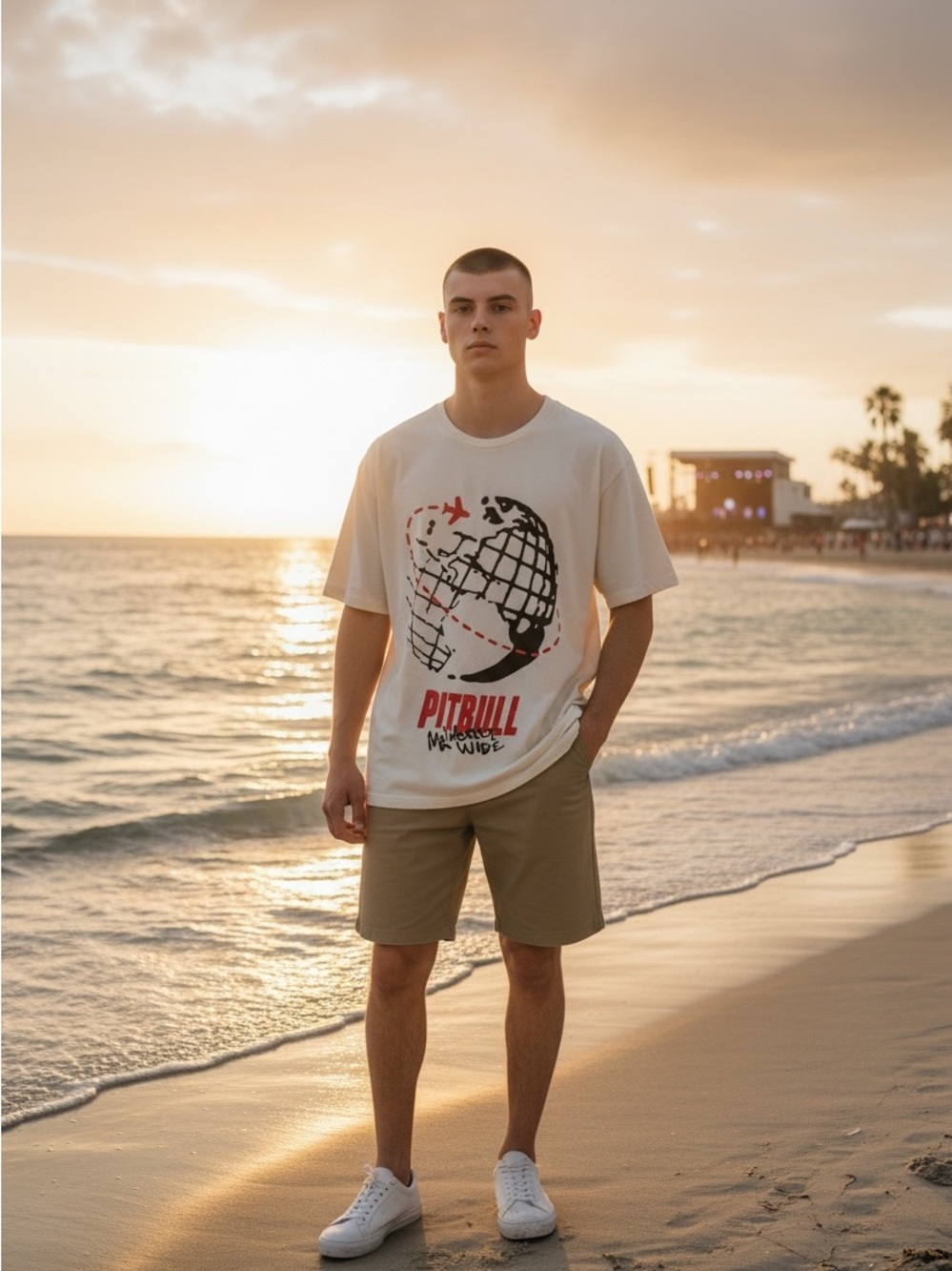 Timeless Pitbull Worldwide Short Sleeve Tee - Off-White with Red & Black Graphic